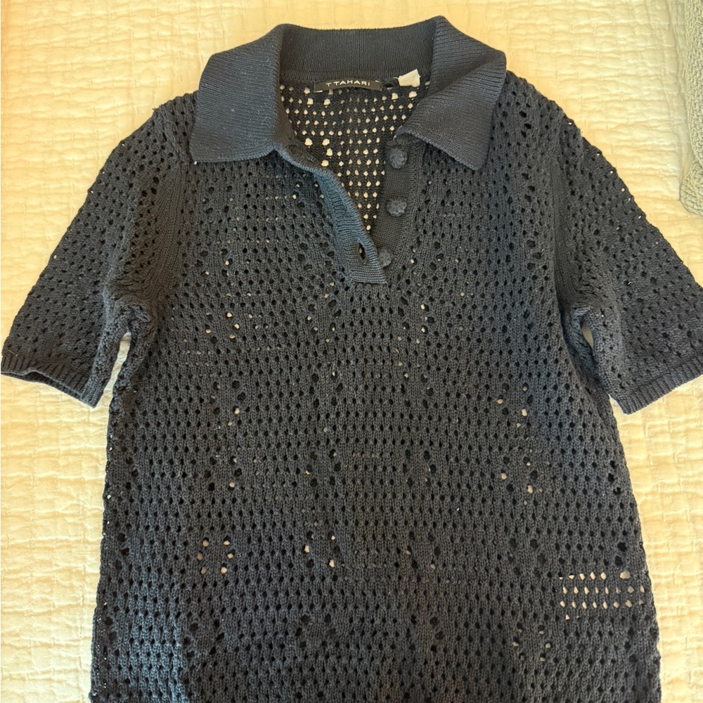 Tahari Navy Knit Short Sleeve Polo Shirt
